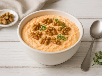 Weiße Schüssel mit cremiger Karottencreme, garniert mit Walnüssen und Dill, auf hellem Holzhintergrund