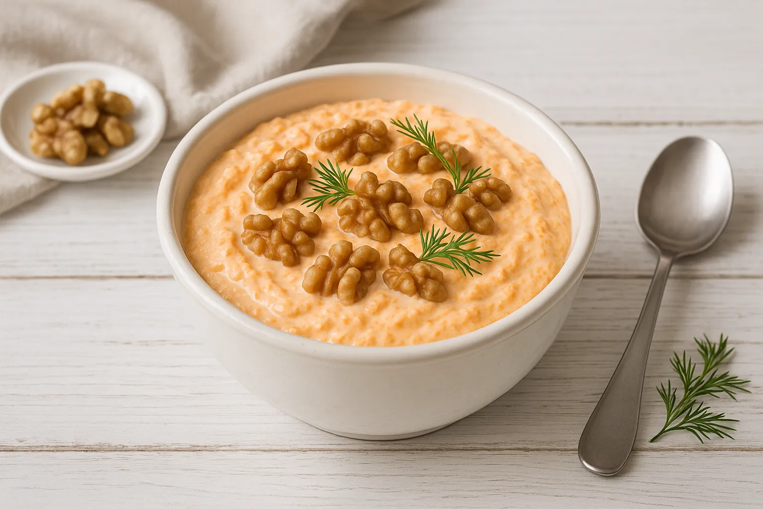 Weiße Schüssel mit cremiger Karottencreme, garniert mit Walnüssen und Dill, auf hellem Holzhintergrund