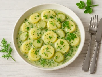 Kartoffelgemüse mit Gurken, Dill und Petersilie, serviert auf weißem rustikalen Teller mit cremiger Soße, auf hellem Holzhintergrund mit Besteck.