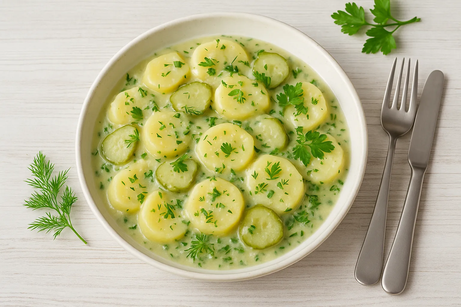 Kartoffelgemüse mit Gurken, Dill und Petersilie, serviert auf weißem rustikalen Teller mit cremiger Soße, auf hellem Holzhintergrund mit Besteck.