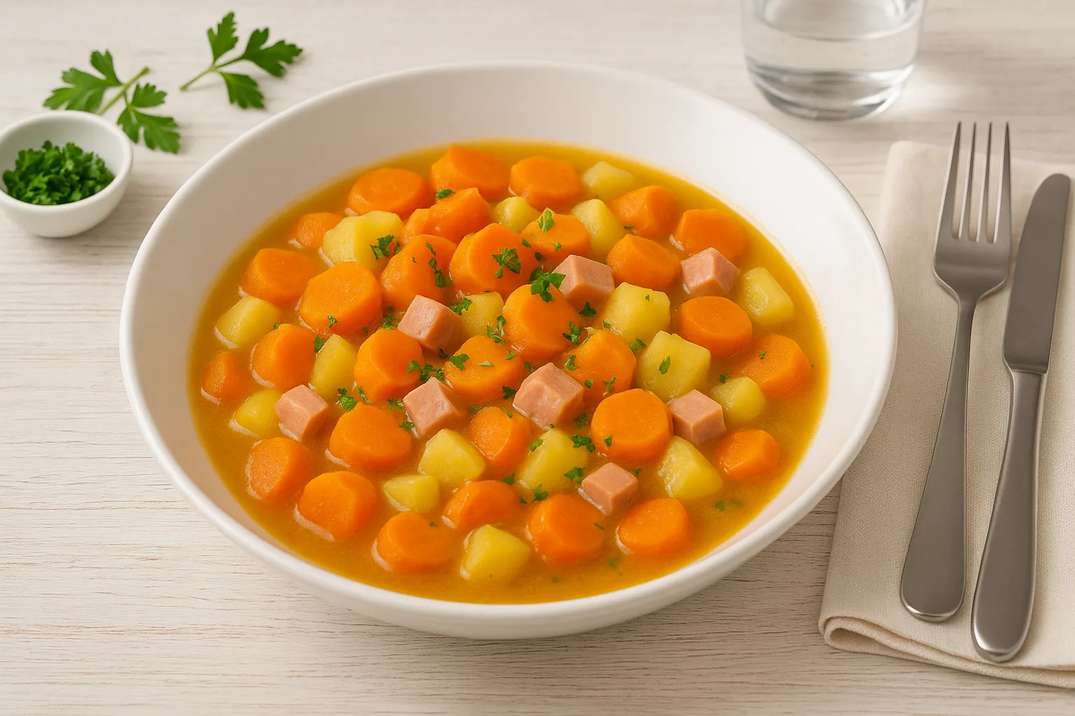  Möhreneintopf mit Möhren, Kartoffeln und Jagdwurst im weißen Teller auf weißem Holztisch mit moderner Dekoration.