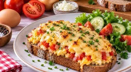 Knuspriger Rühreitoast mit geschmolzenem Käse und Tomaten.