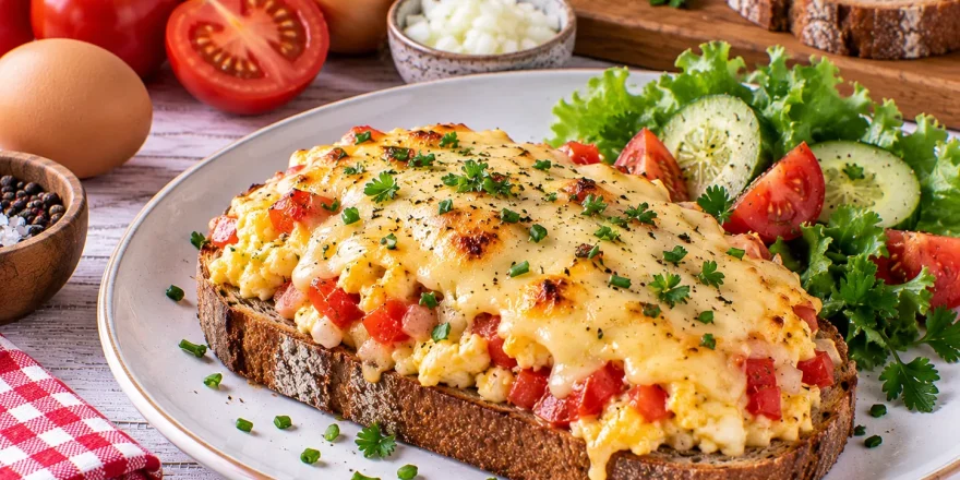 Knuspriger Rühreitoast mit geschmolzenem Käse und Tomaten.
