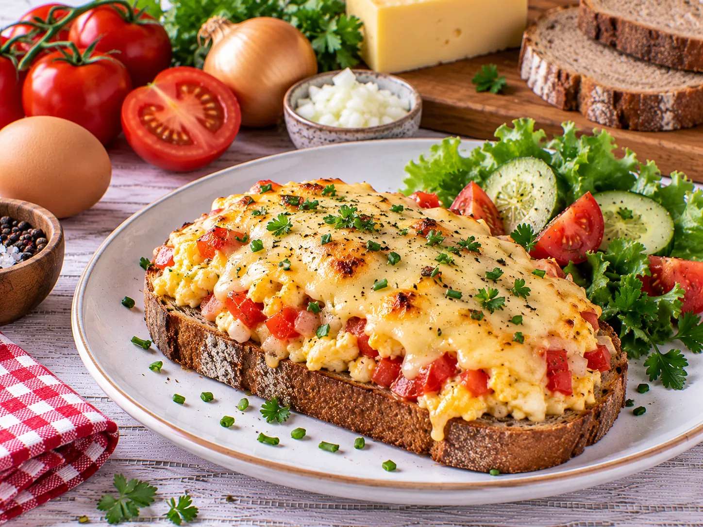 Knuspriger Rühreitoast mit geschmolzenem Käse und Tomaten.