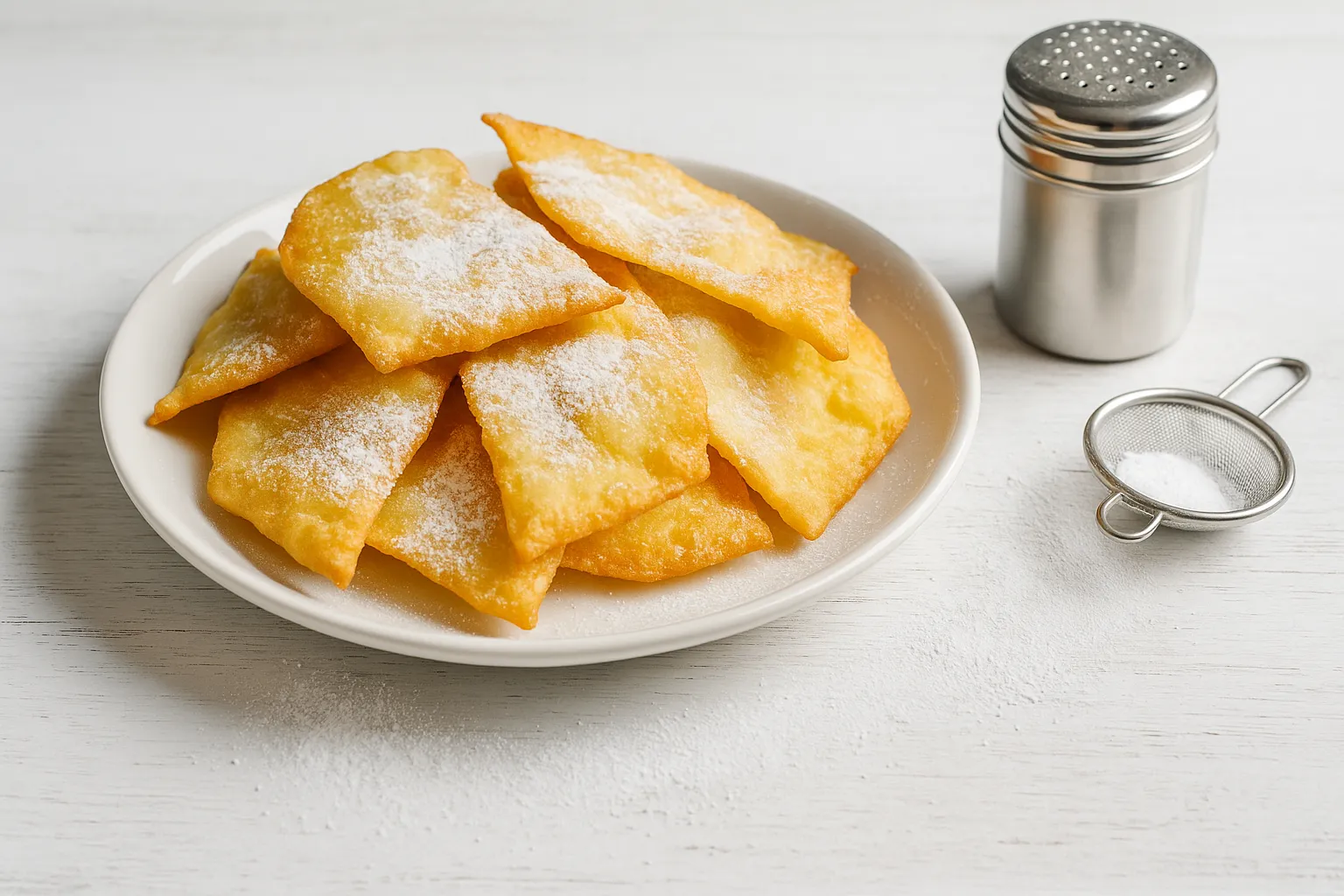  Goldgelbe Schmalzplätzchen auf weißem Teller, bestreut mit Puderzucker, daneben Zuckerstreuer
