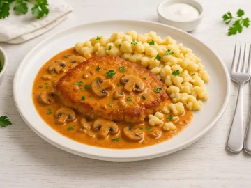 Schweineschnitzel auf Bakonyer Art mit Paprikasoße und Pilzen auf weißem Teller, hell angerichtet