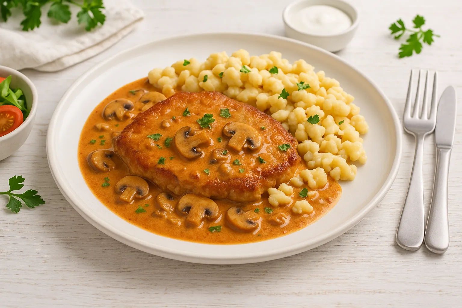 Schweineschnitzel auf Bakonyer Art mit Paprikasoße und Pilzen auf weißem Teller, hell angerichtet