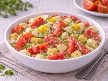 Tomaten-Eier-Salat mit Senf-Sahne-Dressing und Schnittlauch in weißer Schüssel auf hellem Holzhintergrund