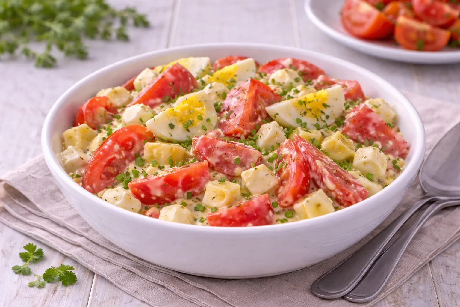 Tomaten-Eier-Salat mit Senf-Sahne-Dressing und Schnittlauch in weißer Schüssel auf hellem Holzhintergrund