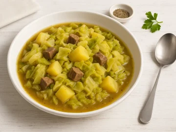 Breite weiße Schüssel mit Wirsingkohleintopf aus Rindfleisch, Kartoffeln und Kohl auf weißem Holzhintergrund