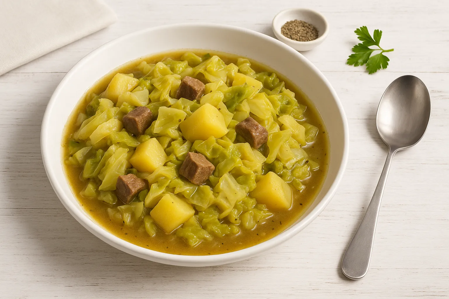 Breite weiße Schüssel mit Wirsingkohleintopf aus Rindfleisch, Kartoffeln und Kohl auf weißem Holzhintergrund