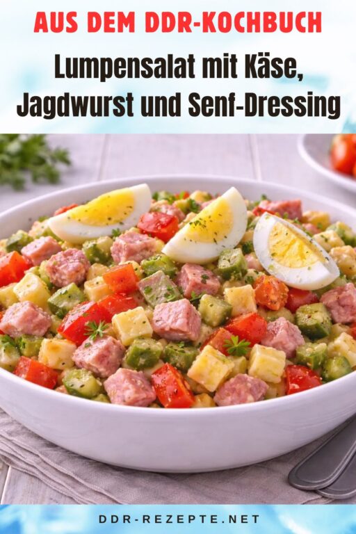 Lumpensalat mit Käse, Jagdwurst und Senf-Dressing