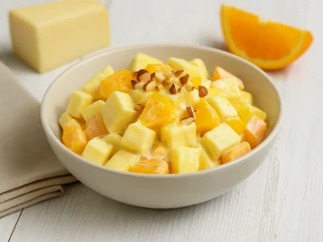 Fruchtiger Ananas-Käse-Salat mit Mandeln in heller Schale auf weißem Holzhintergrund