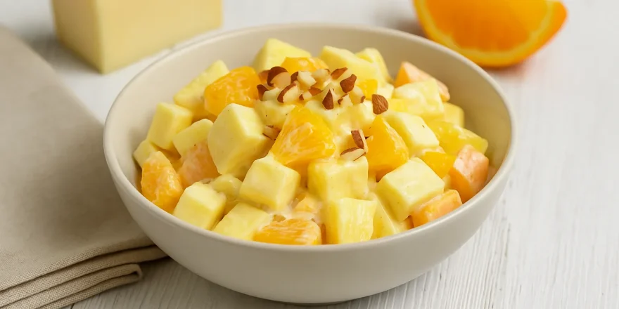 Fruchtiger Ananas-Käse-Salat mit Mandeln in heller Schale auf weißem Holzhintergrund