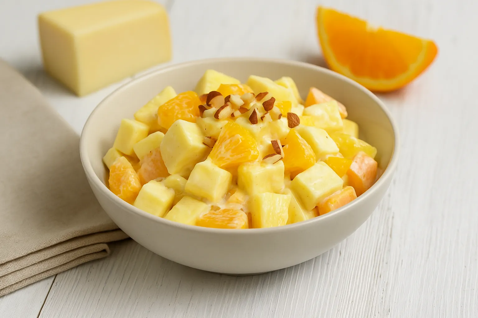 Fruchtiger Ananas-Käse-Salat mit Mandeln in heller Schale auf weißem Holzhintergrund
