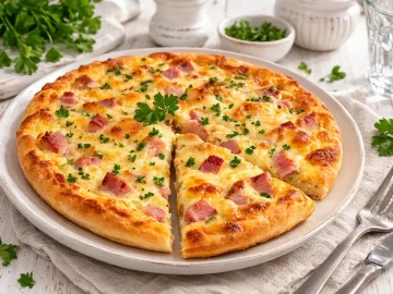 Bauernpizza mit Kassler, Käse und Petersilie auf weißem Teller auf hellem Holztisch