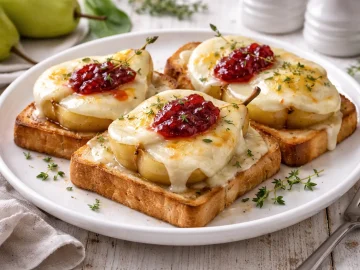 Überbackener Birnen-Camembert-Toast mit Preiselbeerkonfitüre auf weißem Teller auf weißem Holzhintergrund