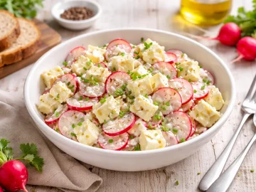 Camembertsalat mit Radieschen in einer weißen Schüssel auf hellem Holzhintergrund mit Besteck und Dekoration