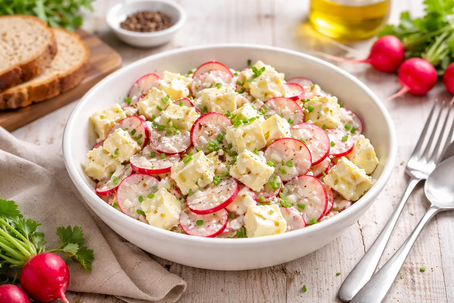 Camembertsalat mit Radieschen in einer weißen Schüssel auf hellem Holzhintergrund mit Besteck und Dekoration