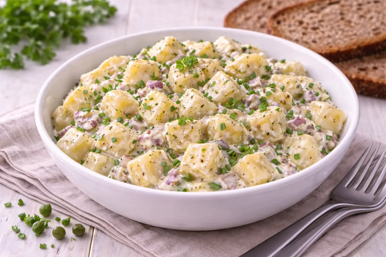Harzer Käsesalat mit Quark-Dressing, Zwiebeln und Schnittlauch in weißer Schüssel auf hellem Holzhintergrund