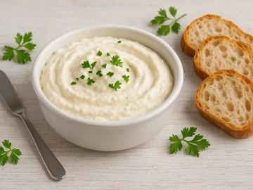 Cremiger Knoblauchkäse im weißen DDR-Schälchen, dekoriert mit frischem Brot und Kräutern, auf weißem Holzhintergrund serviert