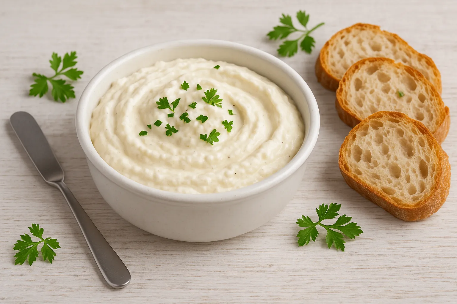Cremiger Knoblauchkäse im weißen DDR-Schälchen, dekoriert mit frischem Brot und Kräutern, auf weißem Holzhintergrund serviert
