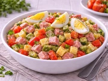 Lumpensalat mit Käse, Jagdwurst, Paprika, Gurke und Ei in weißer Schüssel auf hellem Holzhintergrund