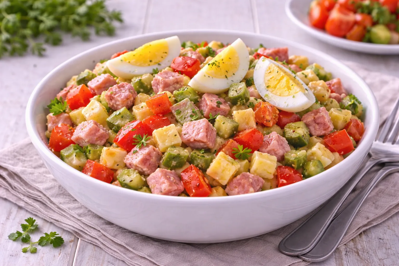 Lumpensalat mit Käse, Jagdwurst, Paprika, Gurke und Ei in weißer Schüssel auf hellem Holzhintergrund