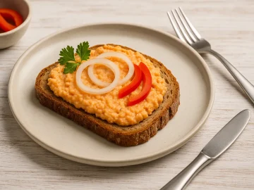 Oberharzer Tatar als Aufstrich auf dunklem Bauernbrot mit Zwiebelringen und Paprika