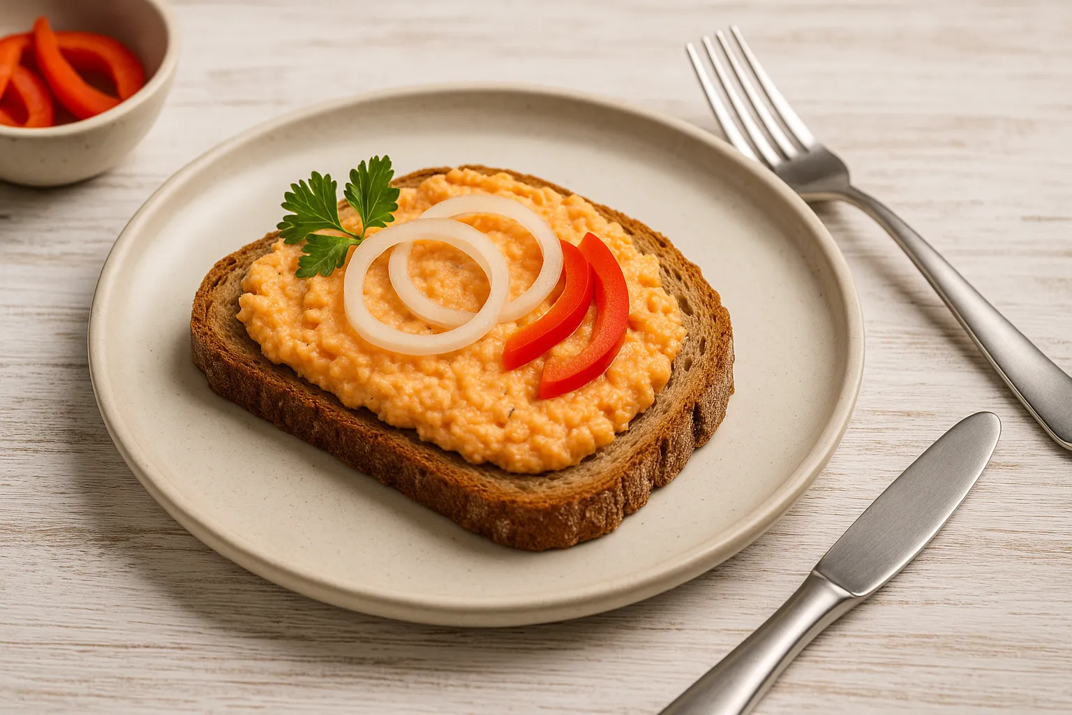 Oberharzer Tatar als Aufstrich auf dunklem Bauernbrot mit Zwiebelringen und Paprika