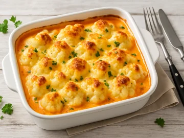 Blumenkohl mit Käsesoße überbacken in einer Auflaufform, goldbraun aus dem Ofen, serviert auf Holzhintergrund