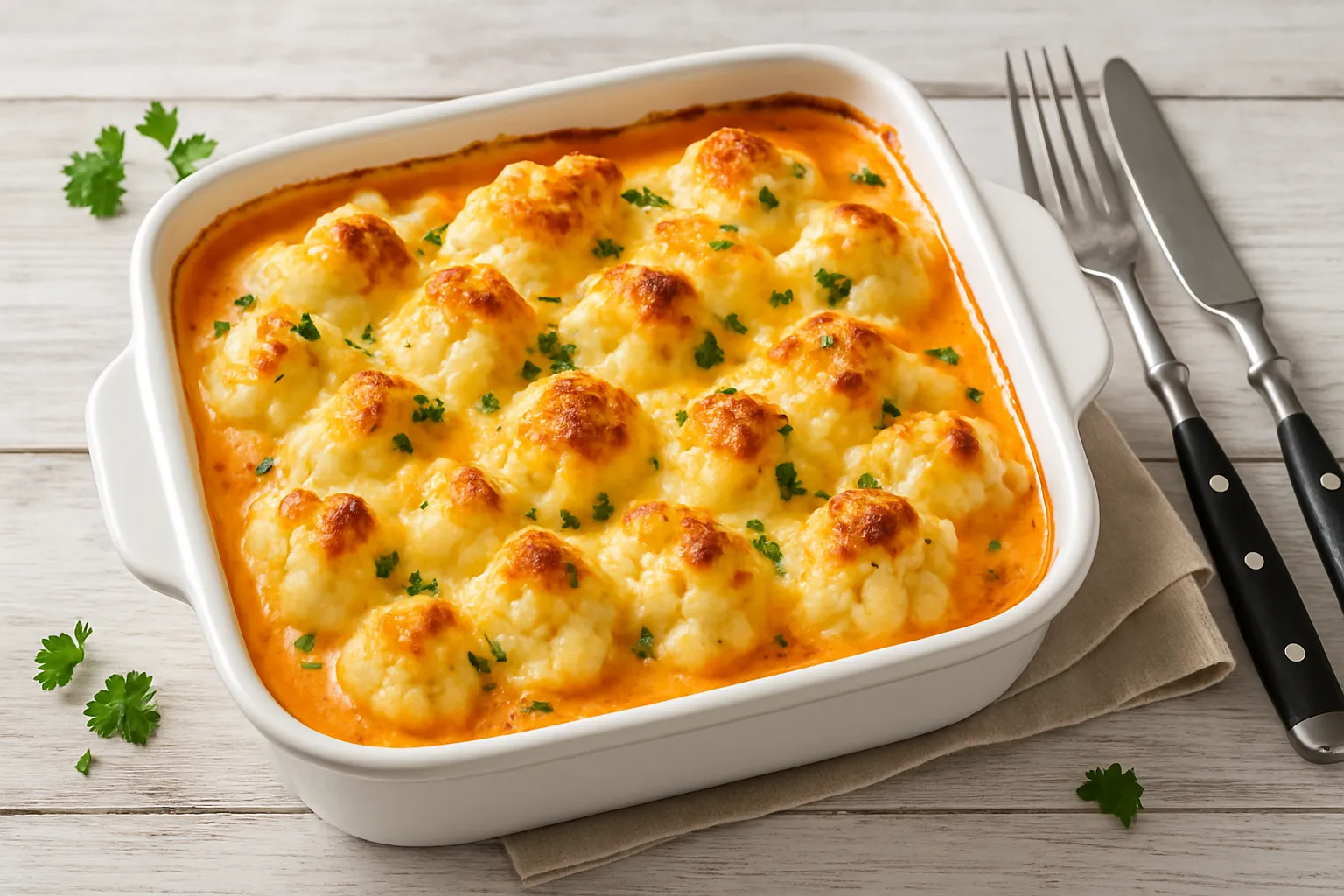 Blumenkohl mit Käsesoße überbacken in einer Auflaufform, goldbraun aus dem Ofen, serviert auf Holzhintergrund