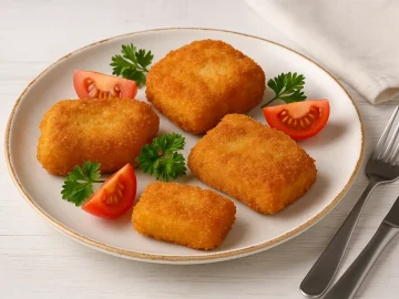 Gebackener Schnittkäse goldbraun ausgebacken, serviert mit Tomatenvierteln und Petersilie auf weißem Teller