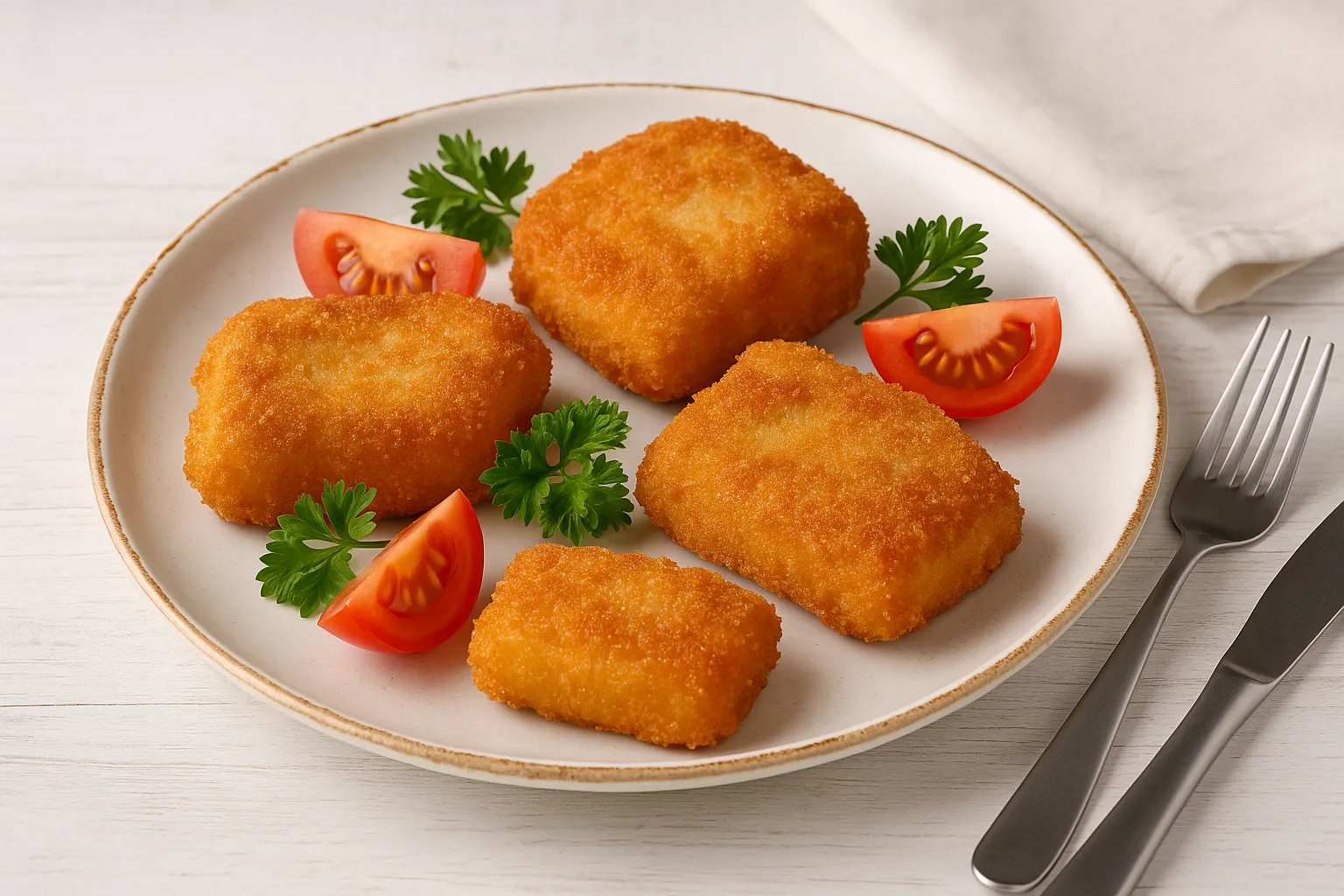 Gebackener Schnittkäse goldbraun ausgebacken, serviert mit Tomatenvierteln und Petersilie auf weißem Teller