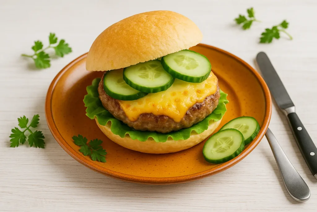  Hacksteak im Bäckerbrötchen mit Käse und Gurkenscheiben auf dem Fleisch, serviert auf orangefarbenem Teller, dekoriert mit Kräutern und Besteck auf weißem Holztisch.
