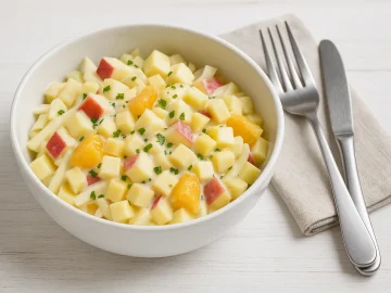 Käse-Obst-Salat mit Chicorée, Edamer, Apfel und Apfelsine in einer Schüssel auf hellem Holzhintergrund.