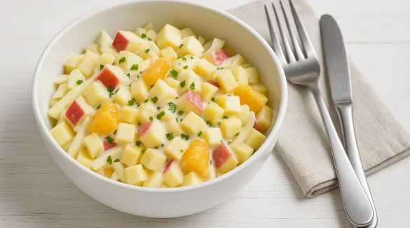 Käse-Obst-Salat mit Chicorée, Edamer, Apfel und Apfelsine in einer Schüssel auf hellem Holzhintergrund.