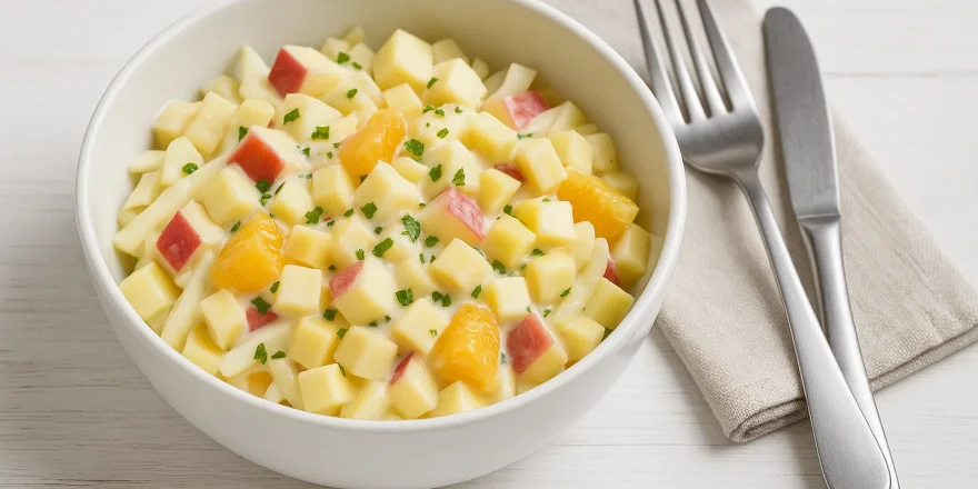 Käse-Obst-Salat mit Chicorée, Edamer, Apfel und Apfelsine in einer Schüssel auf hellem Holzhintergrund.