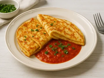 Goldbraune Käsepfannkuchen auf Teller mit Tomatensoße und Petersilie, serviert auf weißem Holzhintergrund