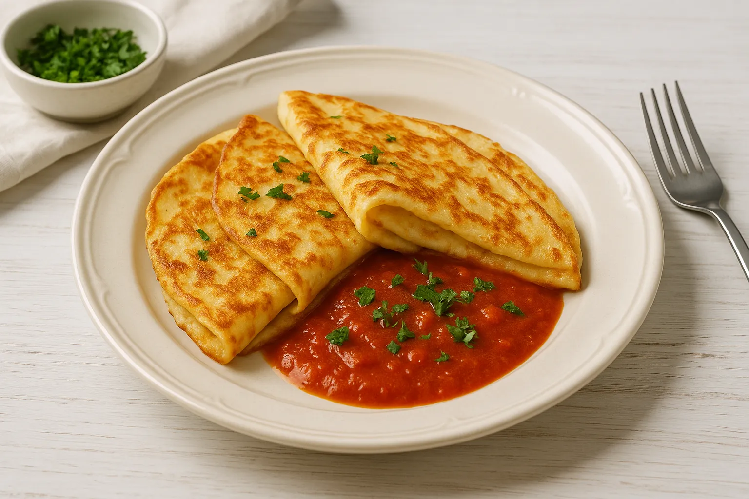 Goldbraune Käsepfannkuchen auf Teller mit Tomatensoße und Petersilie, serviert auf weißem Holzhintergrund