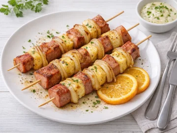 Gebratene Käsespieße mit Jagdwurst, Käse und Zwiebeln auf weißem Teller, angerichtet auf hellem Holzhintergrund.