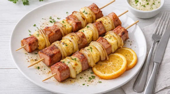 Gebratene Käsespieße mit Jagdwurst, Käse und Zwiebeln auf weißem Teller, angerichtet auf hellem Holzhintergrund.