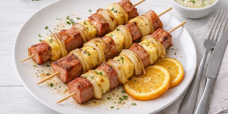 Gebratene Käsespieße mit Jagdwurst, Käse und Zwiebeln auf weißem Teller, angerichtet auf hellem Holzhintergrund.