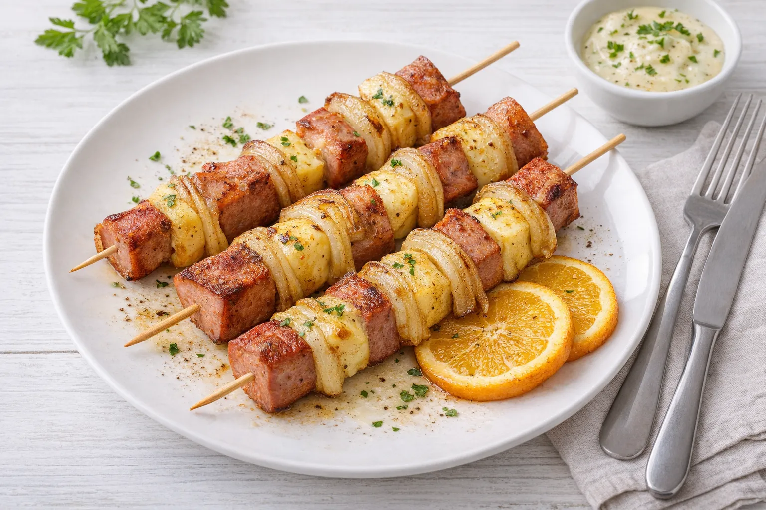 Gebratene Käsespieße mit Jagdwurst, Käse und Zwiebeln auf weißem Teller, angerichtet auf hellem Holzhintergrund.