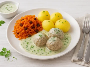 Kochklops mit heller Kräutersoße, Salzkartoffeln und Möhrensalat auf weißem Teller vor hellem Holzhintergrund.