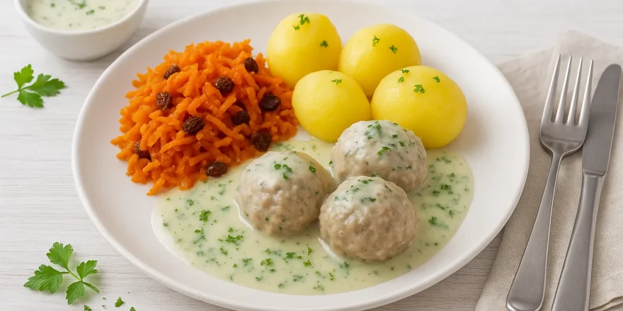Kochklops mit heller Kräutersoße, Salzkartoffeln und Möhrensalat auf weißem Teller vor hellem Holzhintergrund.