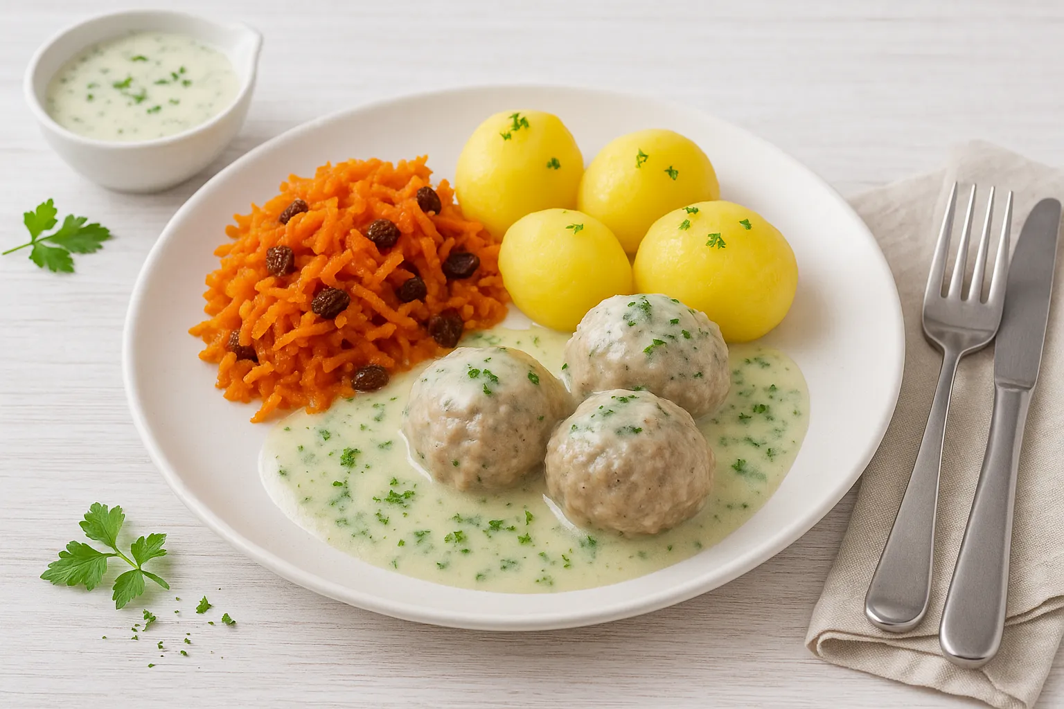 Kochklops mit heller Kräutersoße, Salzkartoffeln und Möhrensalat auf weißem Teller vor hellem Holzhintergrund.