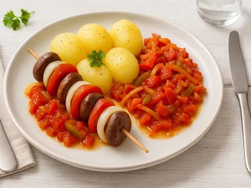 Nierenspieß mit Nieren, Tomaten, Paprika und Zwiebeln, serviert auf Salzkartoffeln mit gedünstetem Gemüse