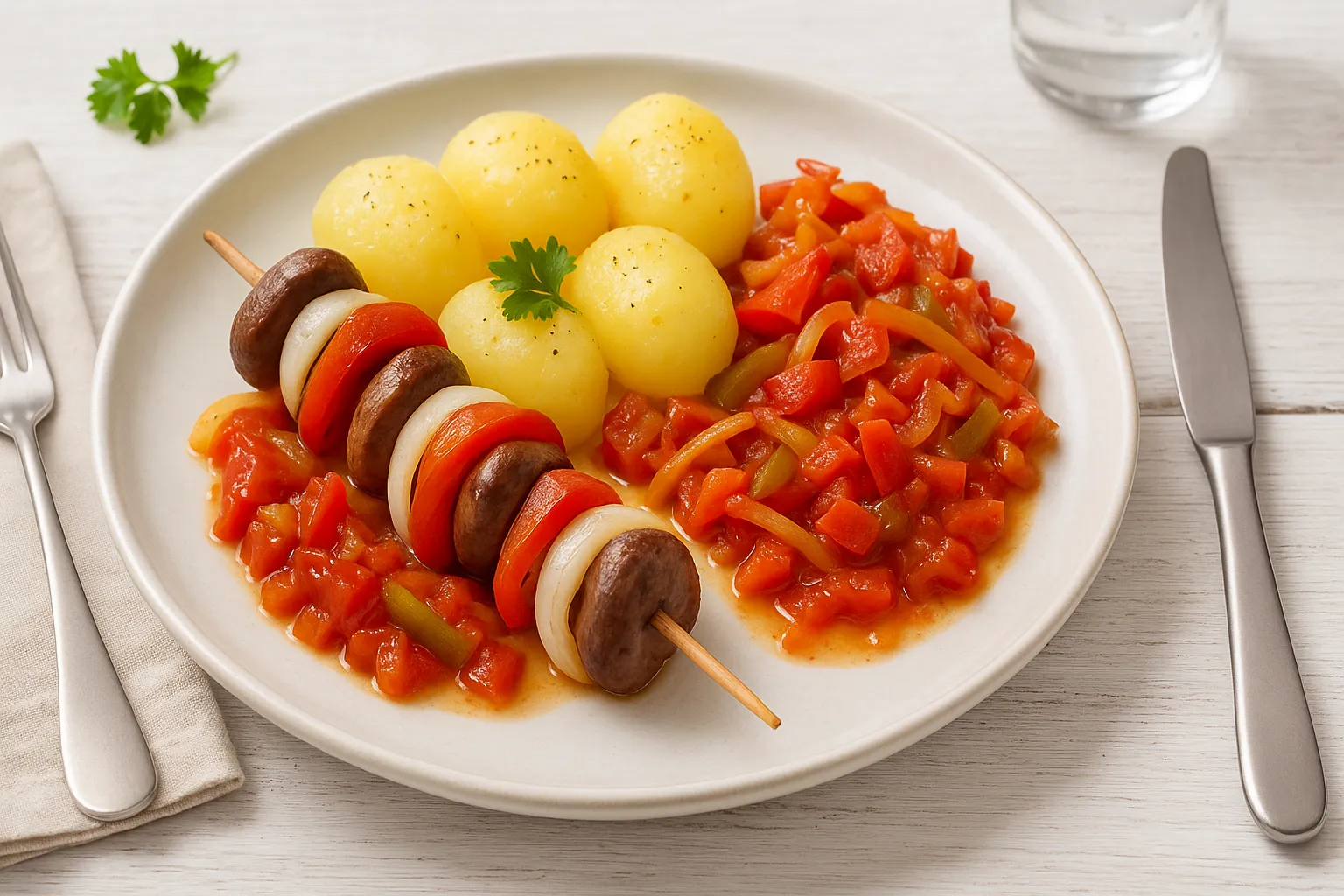 Nierenspieß mit Nieren, Tomaten, Paprika und Zwiebeln, serviert auf Salzkartoffeln mit gedünstetem Gemüse