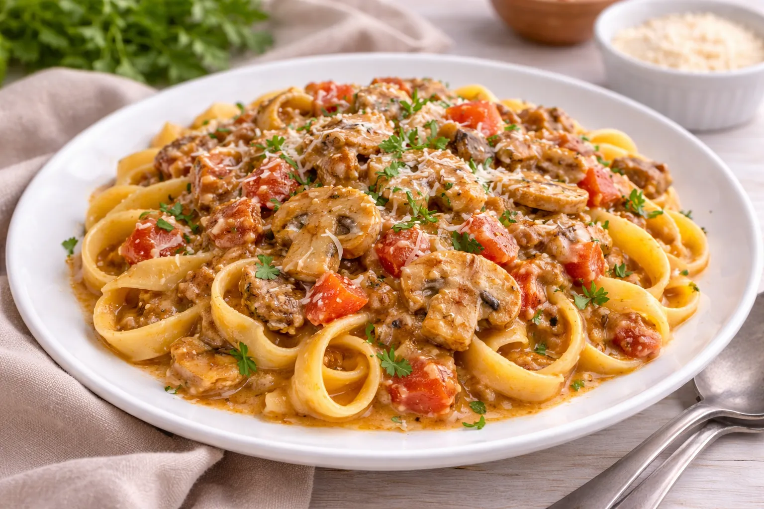 Bandnudeln mit Champignons, Tomaten-Pilz-Soße, Speck und geriebenem Käse auf weißem Teller.